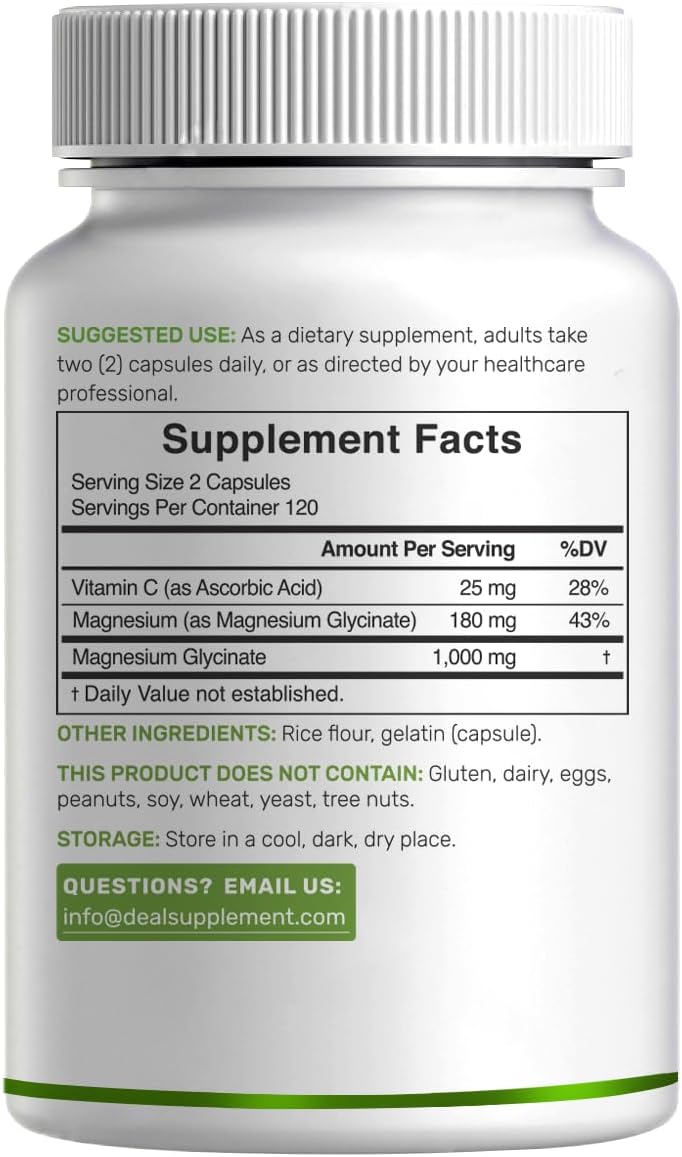 Magnesium Glycinate 500mg Per Capsule (1000mg Per Serving) Plus Vitamin C