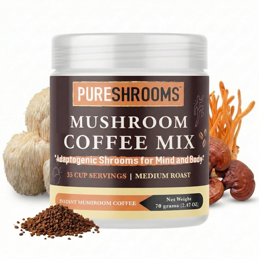 PureShrooms Mind & Body Mushroom Coffee - Instant Colombian Arabica with Organic Lion’s Mane, Reishi & Cordyceps - Low Acidity Nootropic Superfood Beverage for Focus & Vitality, 35 Servings/70g