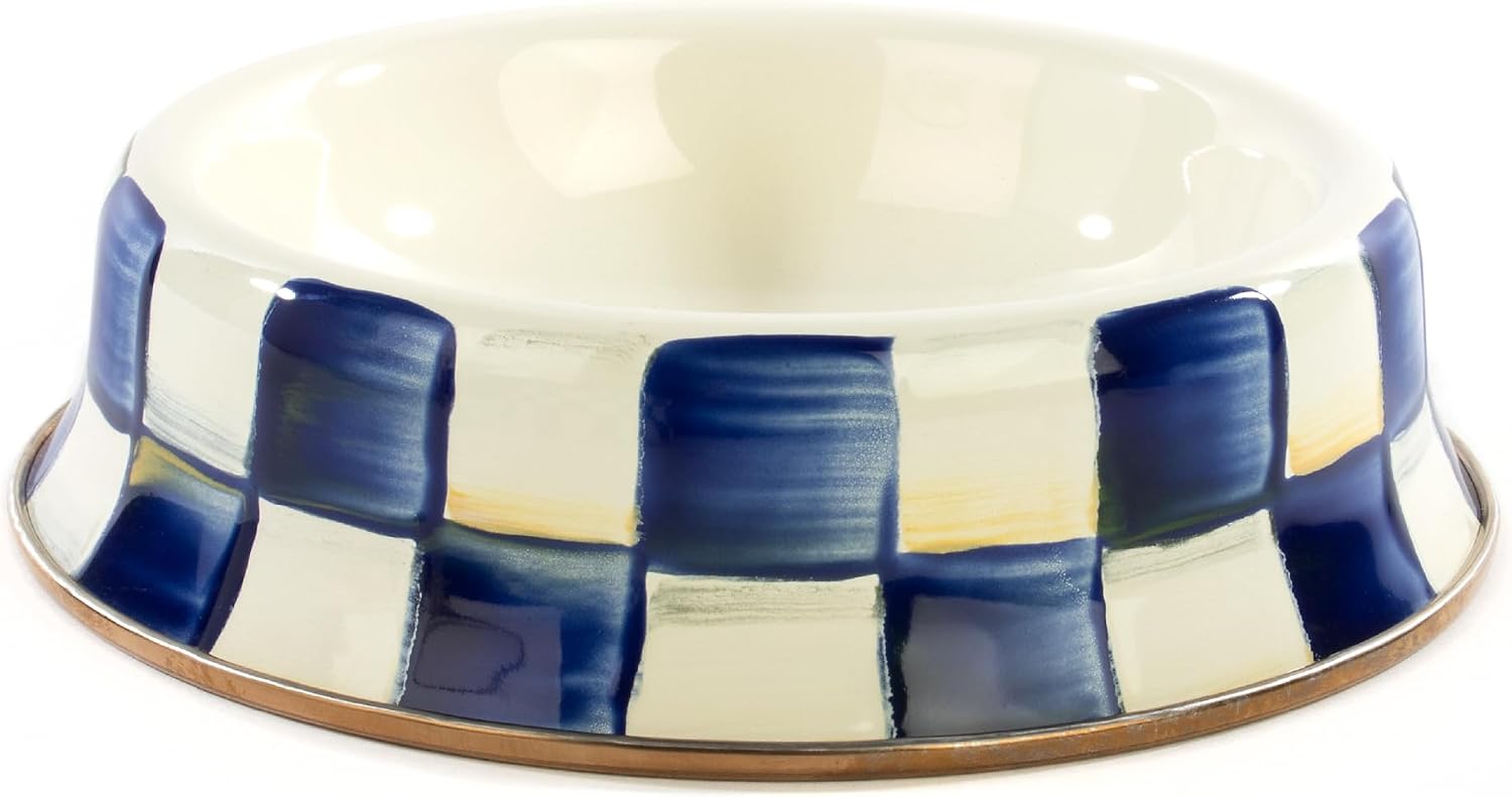 MACKENZIE-CHILDS Enamel Pet Dish, Large, Black-and-White Courtly Check | Decorative cat and dog bowl for food and water, 40-ounce capacity