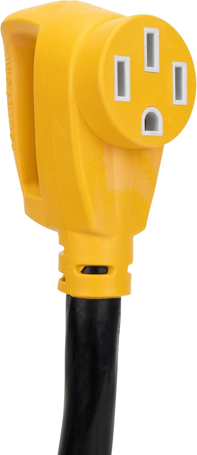 Camco Power Grip 25-Ft 50 Amp RV Extension Cord - NEMA 14-50P Male & FSS2-50R Locking Female Connectors - Rated for 125/250 V/12,500 W - Features Copper 6/3 + 8/1-Gauge Wires for Conductivity (55542)