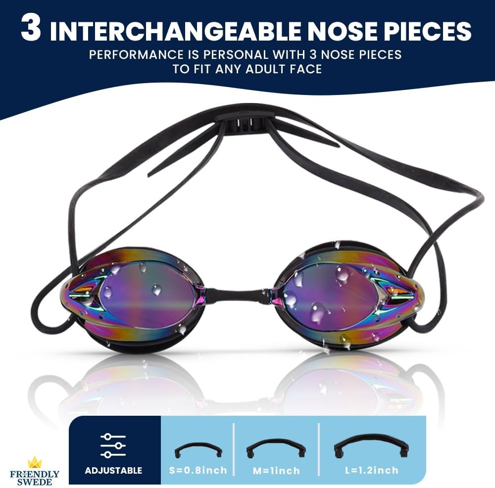 The Friendly Swede Goggles for Women & Men, 3 Nose Pieces & Case | 2 Pack, Wide Angle Lens, Anti Fog Swimming Goggles, 3 sizes of Interchangeable nose bridge (S, M, L), White/Black