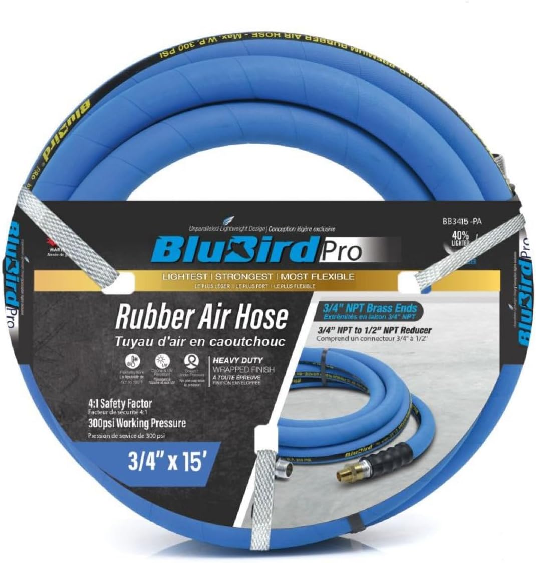 BLUBIRD BB3450 3/4" x 50' Rubber Air Hose, 100% Rubber, Lightest, Strongest, Most Flexible, 300 PSI, 50F to 190F Degrees, Ozone Resistant, High Strength Polyester Braided | Heavy Duty Reinforced Air Hose With 300 PSI Rating, Flexible Design, Kink Resista…