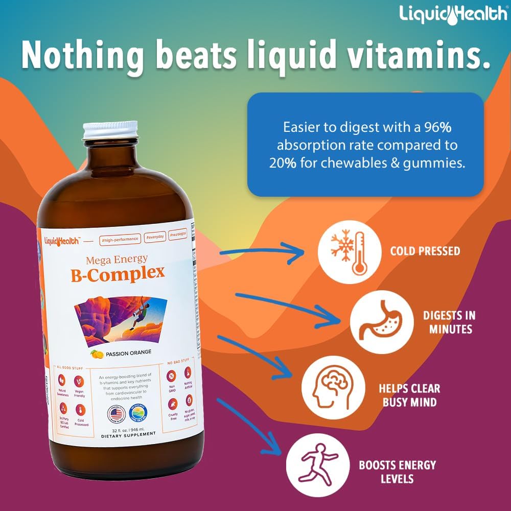 LIQUIDHEALTH Mega Energy Methylated B-Complex, Adult Liquid Vitamin Supplement - Increase Energy, Relieve Stress & Fatigue, Immune Support, Heart & Gut Health - Made in USA, Vegan, Sugar-Free (32 oz)