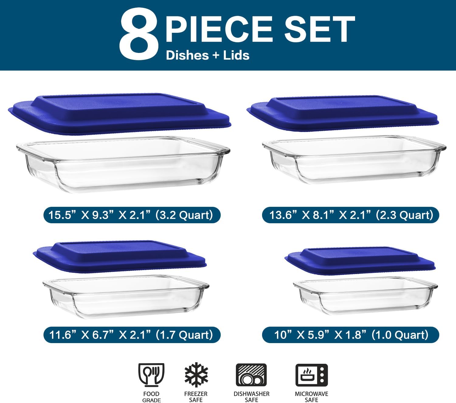 M MCIRCO 8 Piece Deep Glass Baking Dish with Lids, BPA free,Gray