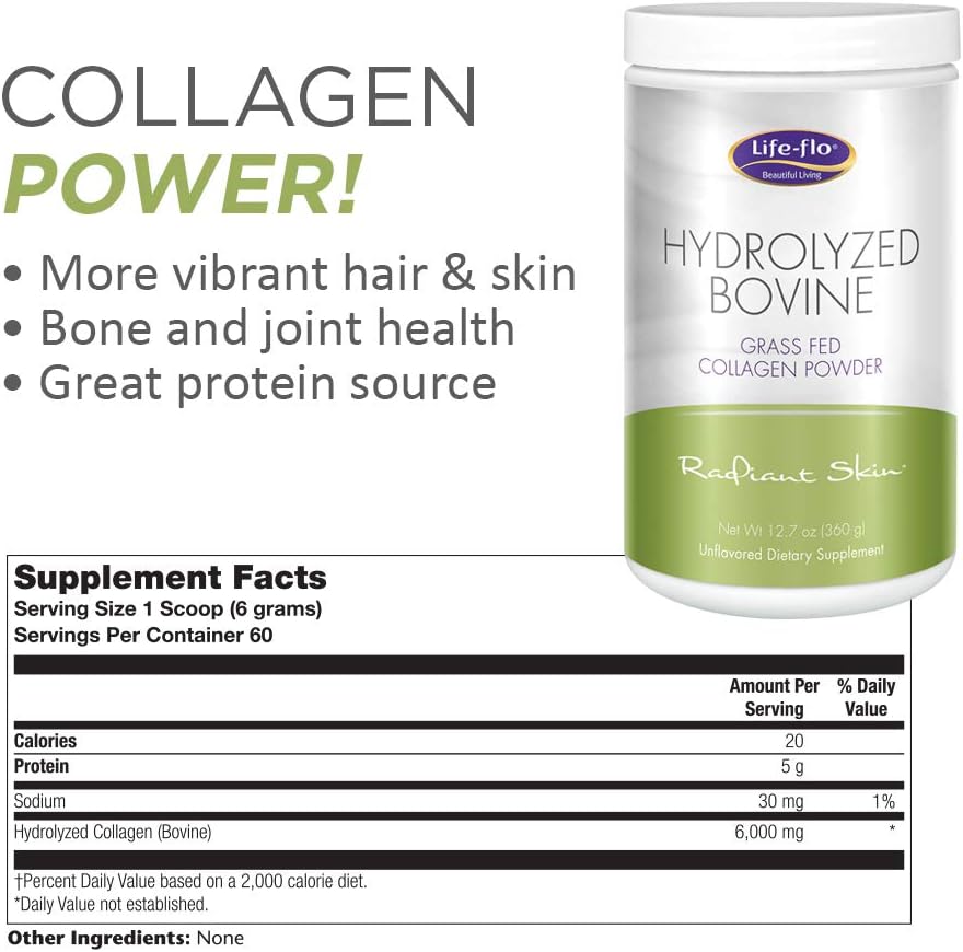 LifeFlo Hydrolyzed Bovine Collagen, Grass Fed | Supports Vibrant Skin & Hair, Bone & Joint Health | 12.7oz, 60 Serv.