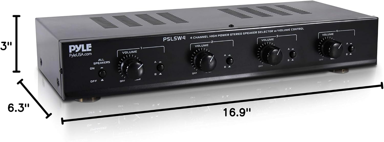 Pyle 4 Channel Speaker Selector Switch - Multi Zone A B Speaker Distribution Controller Box w/Independent Audio Source Volume Control