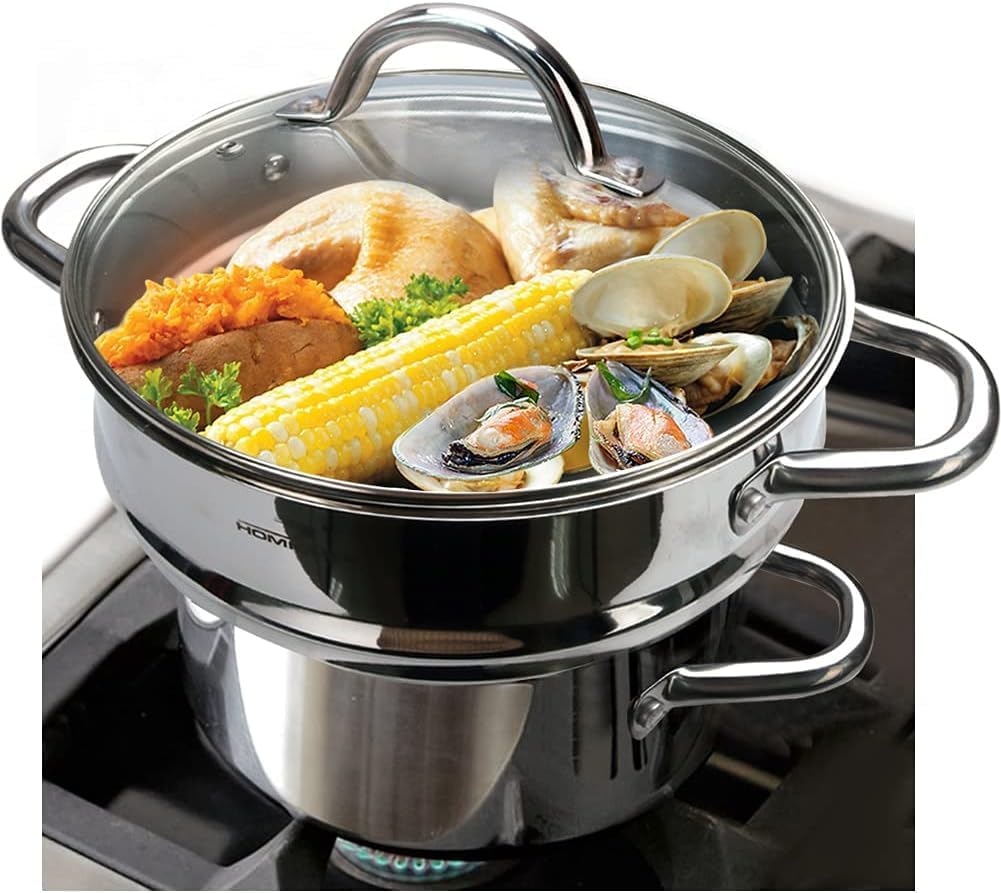HOMICHEF 3 PCS Whole Food Steamer Set - Nickel Free Stainless Steel Veggie Steam Pot (9.5" Large Vegetable Steamer Insert With Lid, 8" Steam Pot)