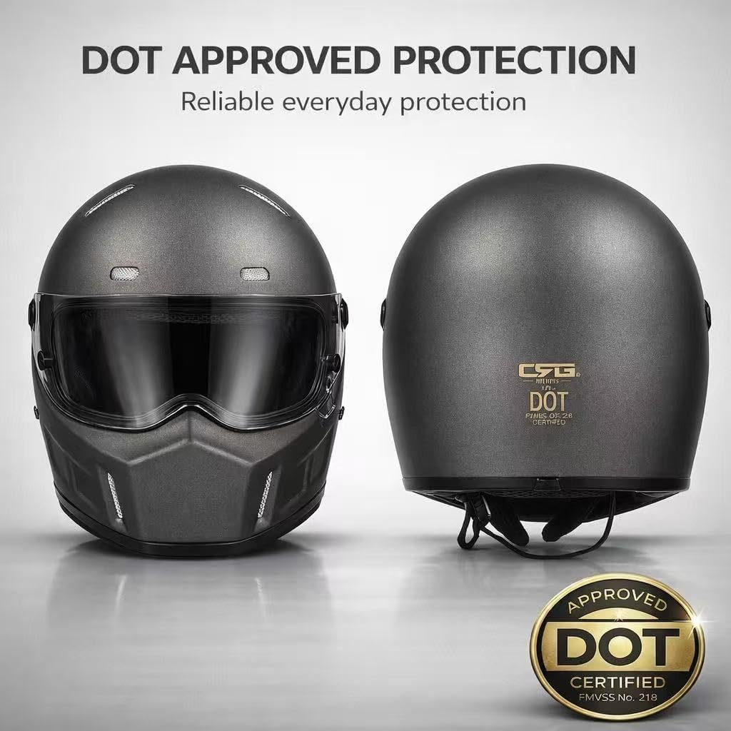 CRG Sports Retro Full Face Motorcycle Helmet, DOT Approved Fiberglass Street Bike Helmet with Clear Visor, Lightweight Cafe Racer Cruiser Motorcycle Helmet