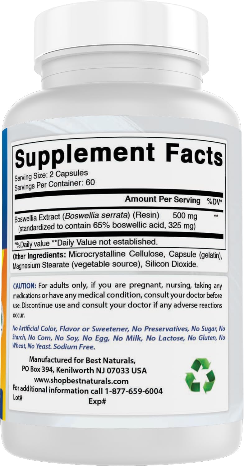 Best Naturals Boswellia Serrata Joint Health 250 mg 120 Capsules - Standardized to 65% Boswellic Acid (120 Count (Pack of 1))