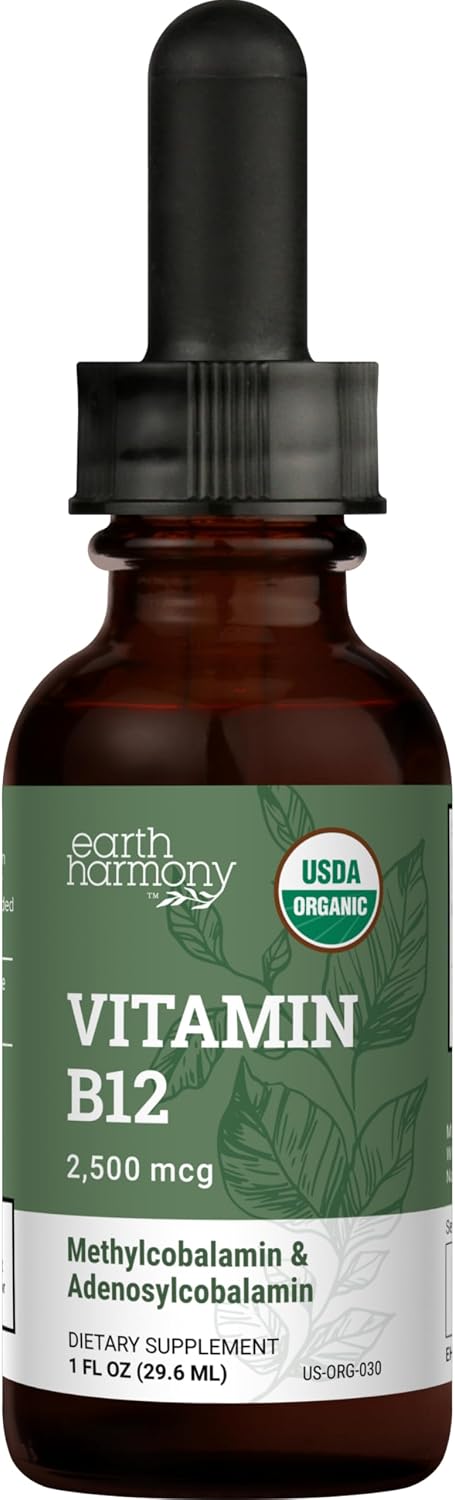 Earth Harmony Naturals Organic Vegan Vitamin B12 Sublingual Liquid Supplement - 2500mcg Methylcobalamin Drops for Natural Energy, Metabolism Health and Immune System Support - 1 Fl Oz