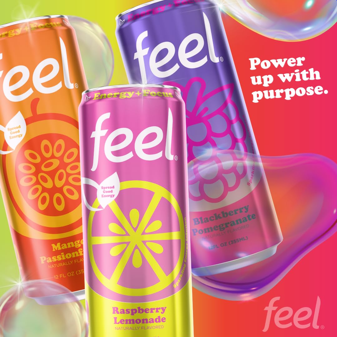 FEEL Variety Pack – Zero Sugar Sparkling Energy Drink – 3 Flavor Assortment, 140mg Plant-Based Caffeine from Green Coffee Beans + L-Theanine – Vitamin C, Vegan, Non-GMO – 12 Pack (12 Fl Oz Cans)