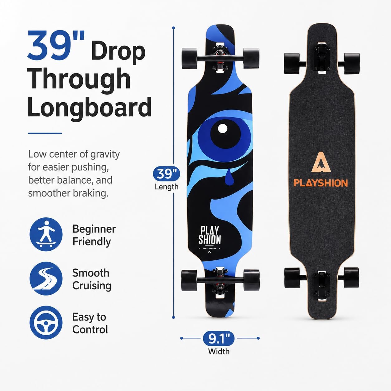 Playshion 39 Inch Drop Through Longboard Skateboard for Beginners
