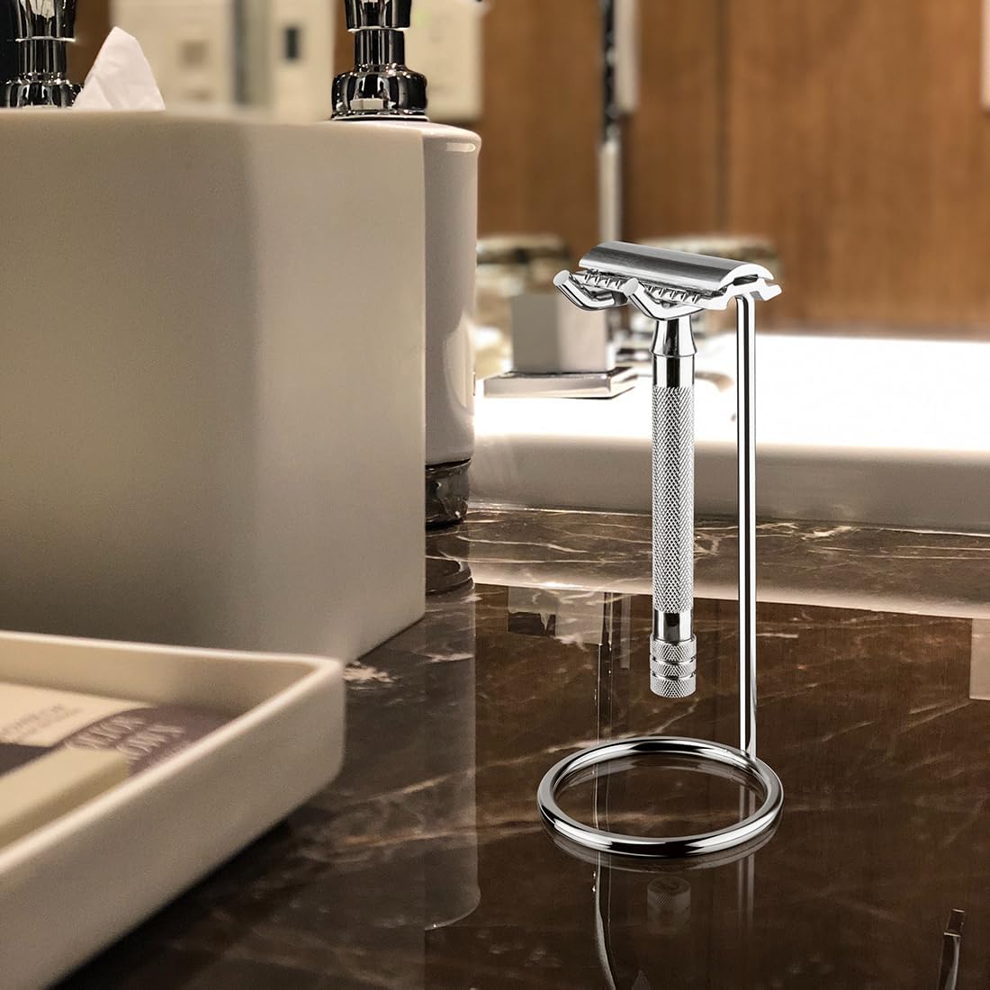Linkidea Stainless Steel Razor Stand, Deluxe Men's Travel Shaver Holder, Shaving Support Compatible with Long Handle Safety Razor, Fusion 5, ProShield