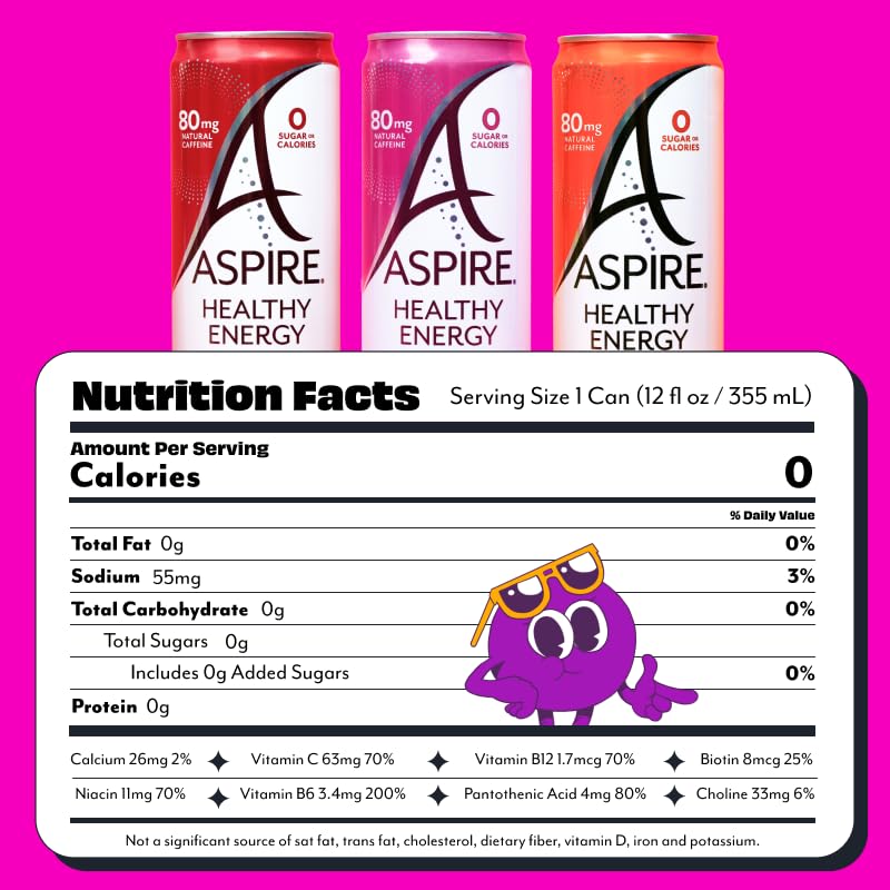 ASPIRE® Raspberry Acai, Healthy Energy Drink 80mg Natural Caffeine, Zero Sugar No Carbs Keto Friendly, 12 Pack Green Tea Sugar Free Drink Low Caffeine Zero Calorie