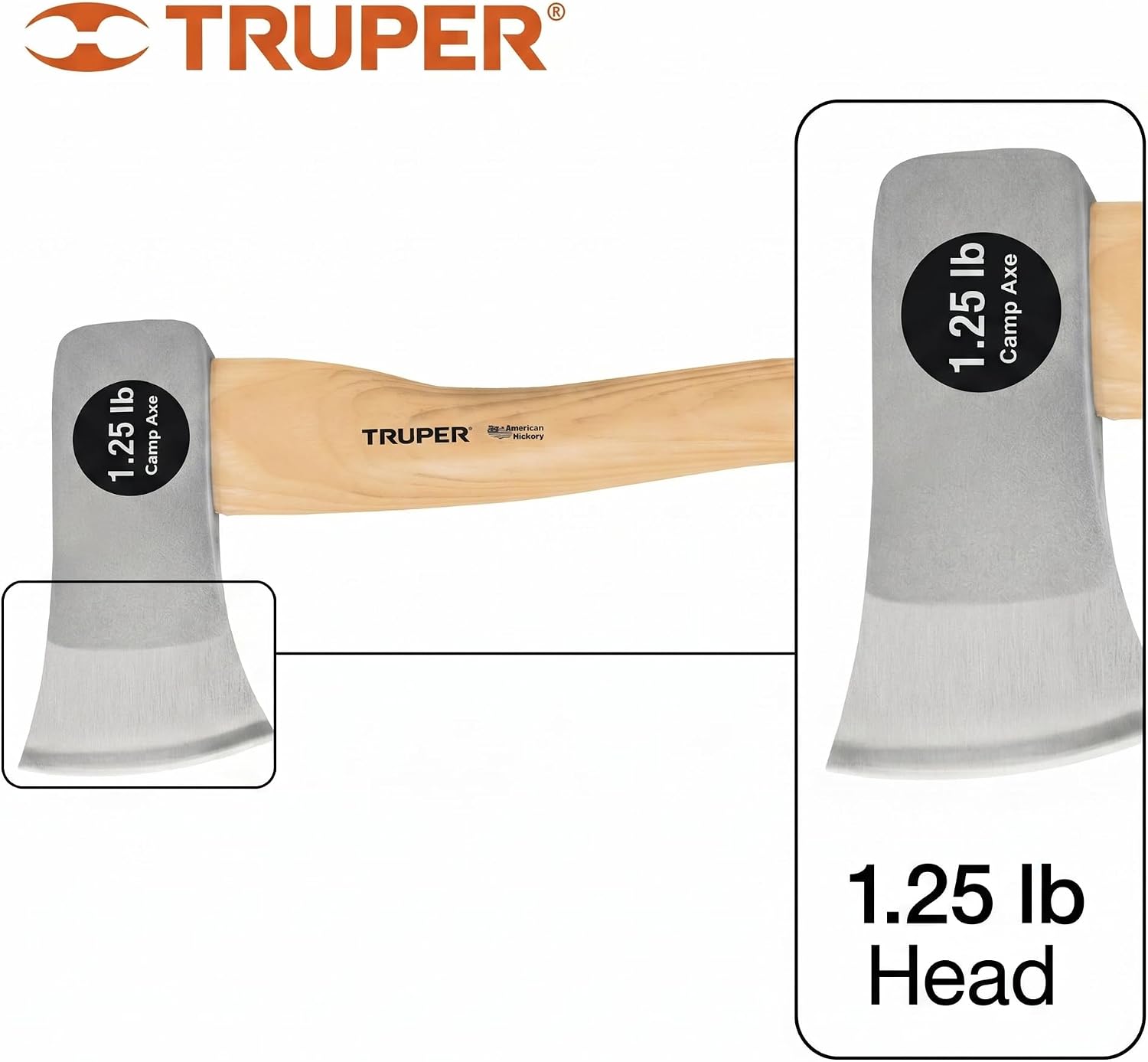 Truper 1.25 lb Camp Axe, 14-Inch American Hickory Wood Handle, Forged Steel Head, Compact Hatchet for Camping