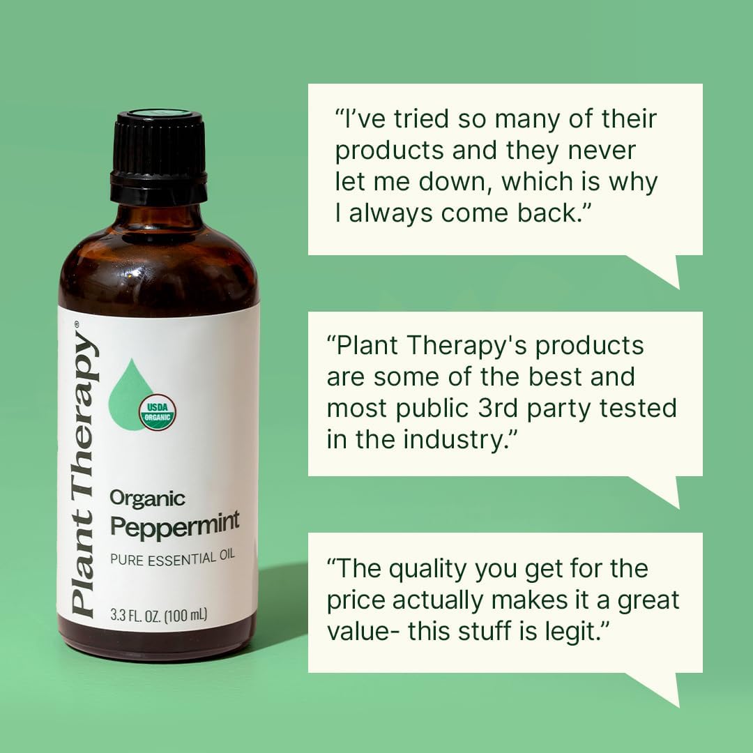 Plant Therapy Organic Peppermint Essential Oil, 100 mL (3.3 oz), 100% Pure and Undiluted, USDA Certified Organic, for Diffusion, Skin, and Hair