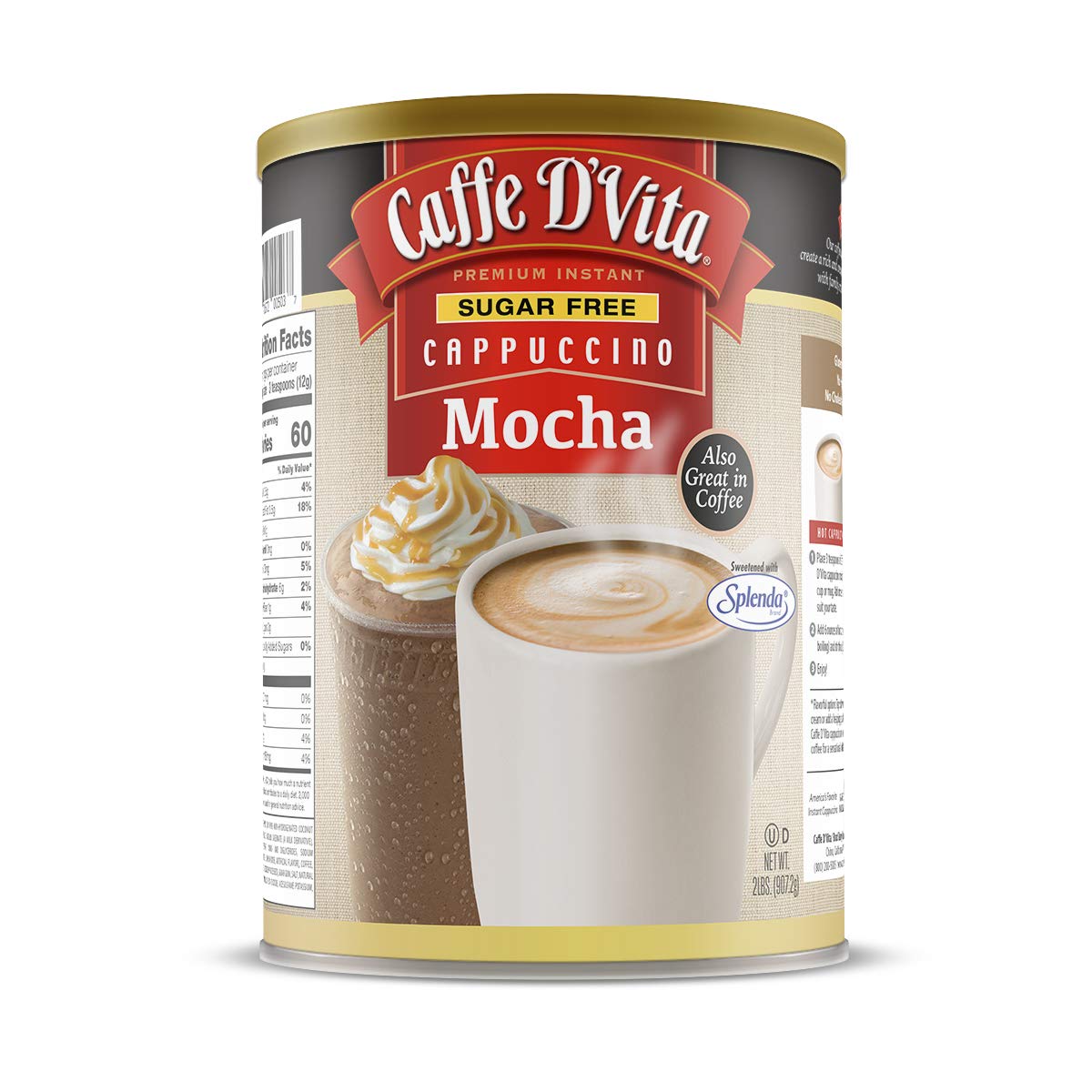 Caffe D'Vita Mocha Cappuccino Mix - 4 lb can (64 oz.) | Instant Cappuccino Mix, Gluten Free, No Cholesterol or Trans Fat, 99% Caffeine Free, Mocha