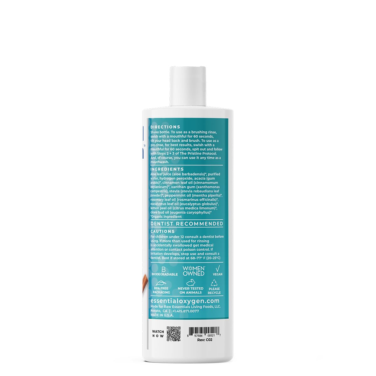 Essential Oxygen Certified BR Organic Brushing Rinse, All Natural Mouthwash for Whiter Teeth, Fresher Breath, and Happier Gums, Alcohol-Free Oral Care, Peppermint, 16 Ounce, Package may vary