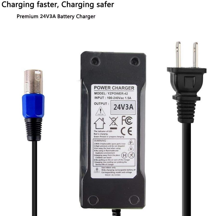 24V 3A Charger, Battery Adapter, Mongoose, Jazzy, GT, eZip, Go-Go Elite Traveller, Shoprider, Jazzy Select 6 Ultra