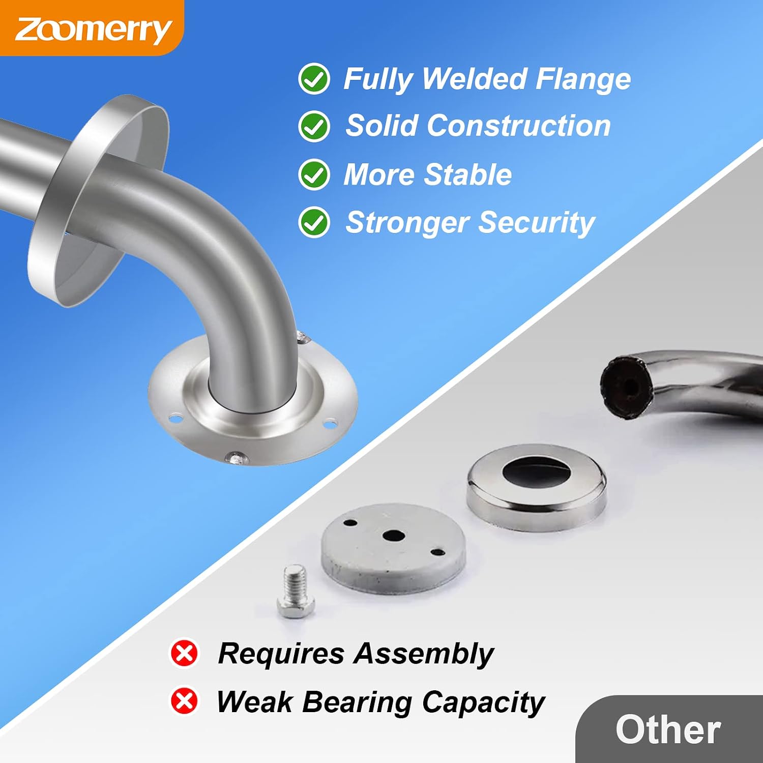 18 Inch Shower Grab Bar, 500lbs, Brushed Nickel Knurled, 2 Pack | 304 Stainless Steel, Fully Welded, ADA Compliant
