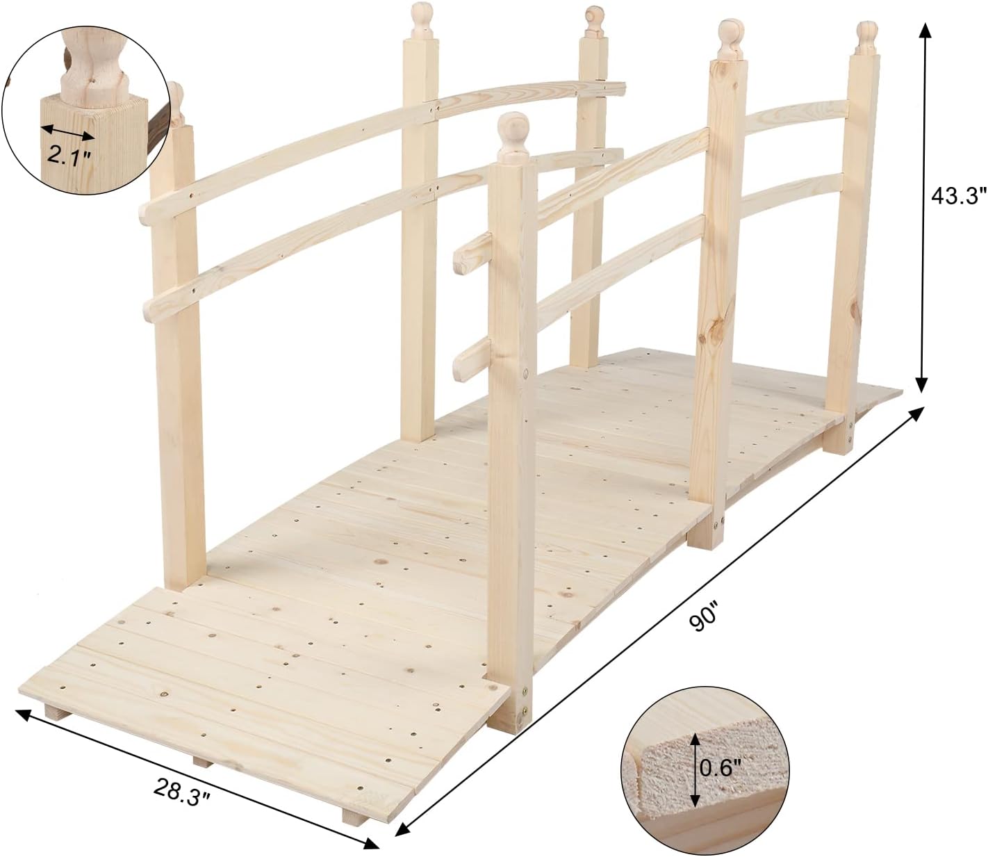 VINGLI 5 ft Garden Bridge, Classic Wooden Arch with Safety Rails Stained Finished Footbridge, Decorative Pond Landscaping, Backyard, Creek or Farm