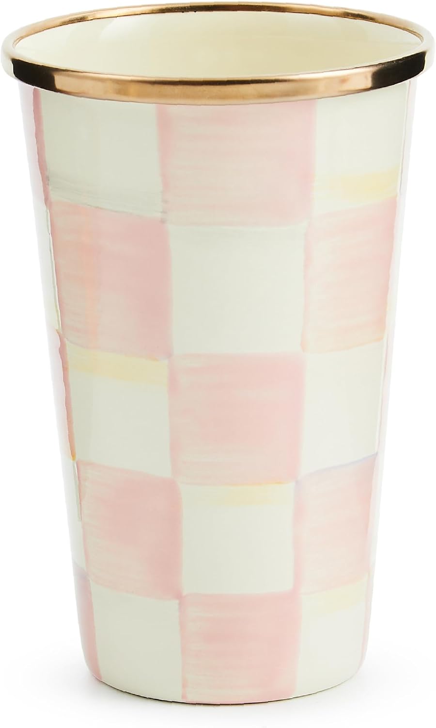 MACKENZIE-CHILDS Enamel Tumbler, Black-and-White Courtly Check | Hand-painted design, elegant drinkware with gold rim, 2.75" dia. x 4.5" H, 10-ounce capacity