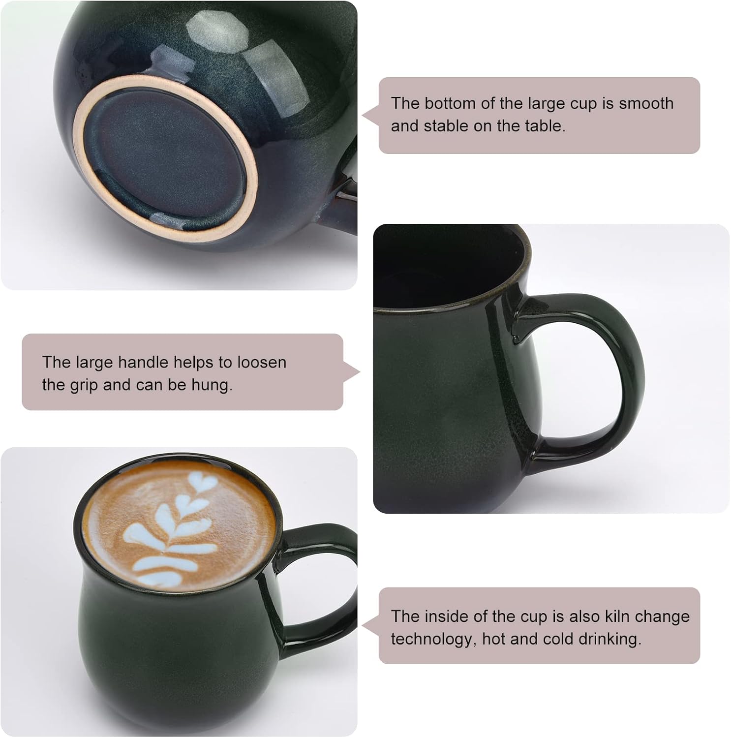 20 Oz Large Ceramic Coffee Mugs with Handle(Ink Green) | 600ml Handmade Tea Cup for Office and Home, Microwave and Dishwasher Safe