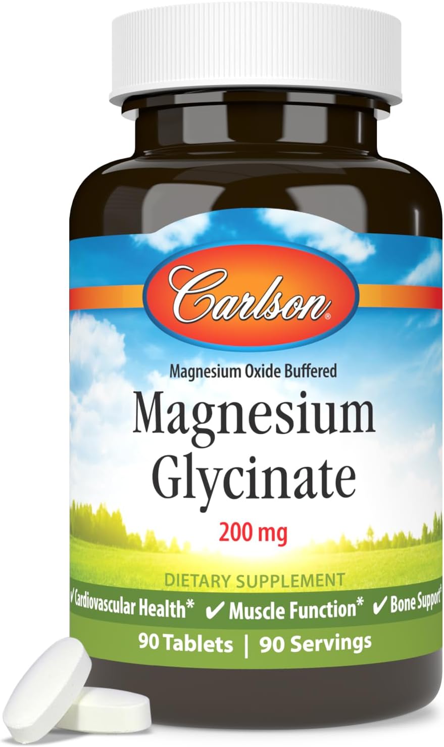 Carlson Chelated Magnesium Glycinate, 200 mg, Muscle Function, 180 Tablets | Superior Absorption; Bone Support