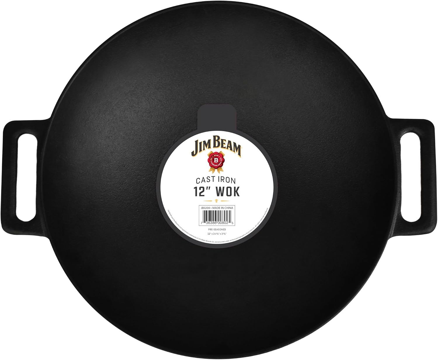 Jim Beam 12'' Pre Seasoned Heavy Duty Construction Cast Iron Grilling Wok, Griddle and Stir Fry Pan