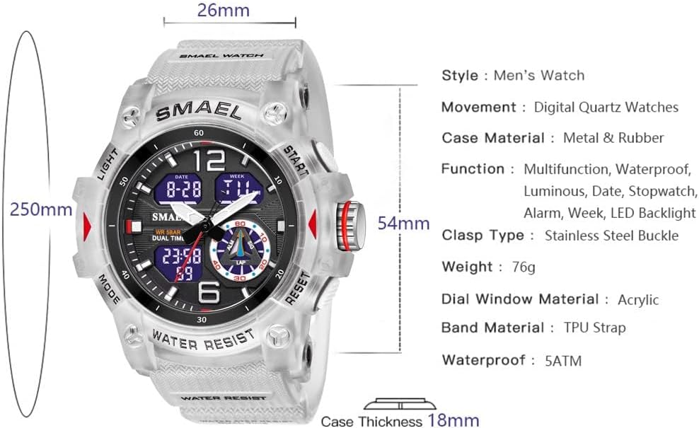 Gosasa Men's Large Face Outdoor Sports Watches Military S-Shock Watch Waterproof, Backlight, Alarm, Stopwatch Features - Rugged Wristwatch for Training, Hiking, and Adventure