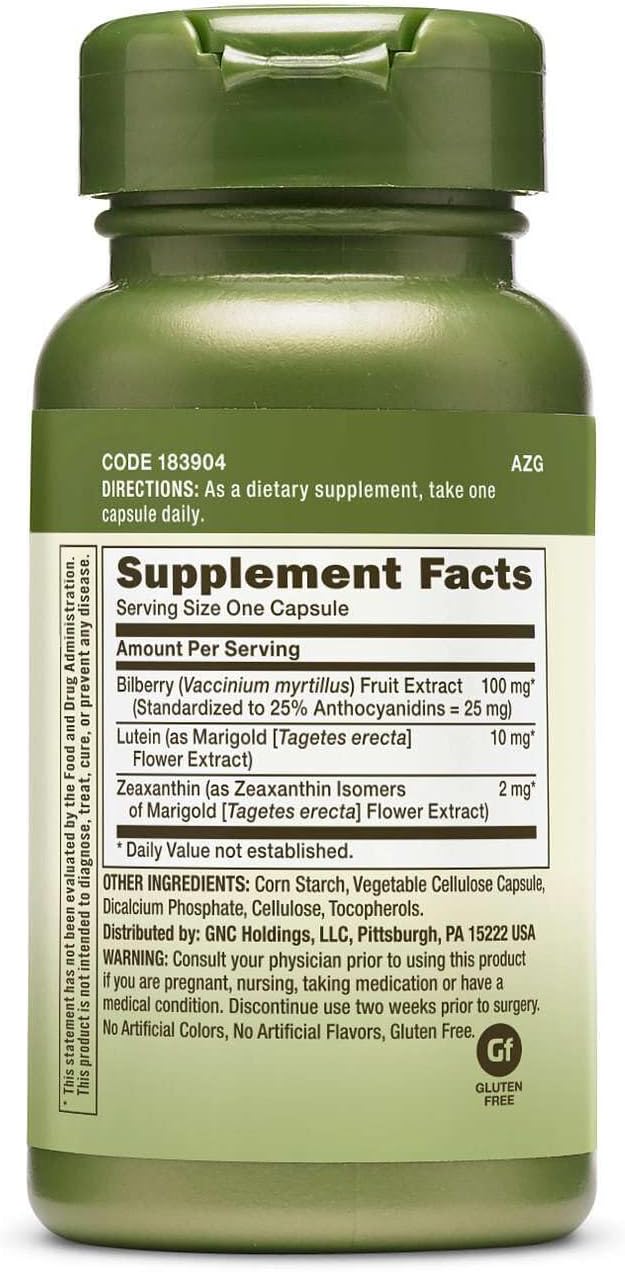 GNC Herbal Plus Bilberry Extract and Lutein Supplement, Vegetarian, Supports Eye and Vision Health, 60 Servings