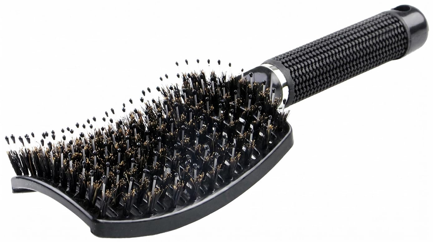 Boar Bristle Detangler Vent Hair Brush for Blow Drying, Curved Vented Paddle Detangling Brush for Women Men