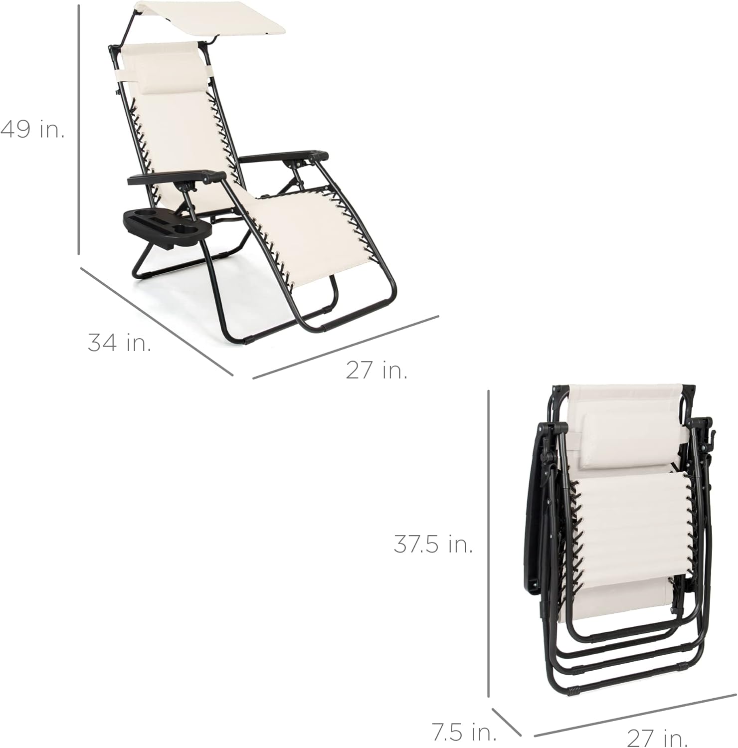 Best Choice Products Folding Zero Gravity Outdoor Recliner Patio Lounge Chair w/Adjustable Canopy Shade, Headrest, Side Accessory Tray, Textilene Mesh - Beige