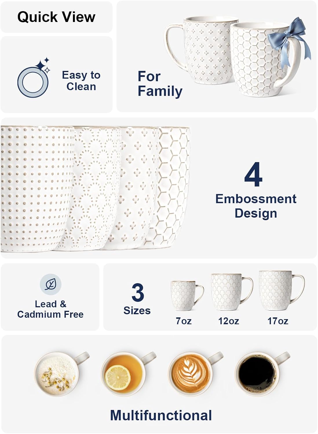 LE TAUCI Coffee Mugs 16 oz, Ceramic Mug Set, Embossment Cups for Latte, Hot Tea, Cappuccino, Mocha, Cocoa, Dishwasher Safe