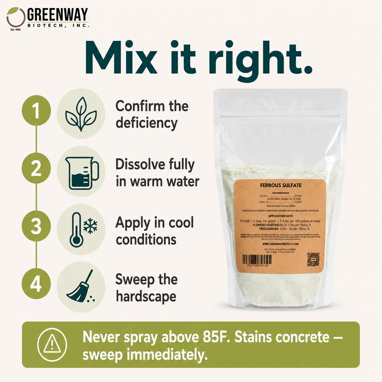 Greenway Biotech Ferrous Sulfate 20% Iron Fe Fertilizer, Water Soluble Plant Food with Sulfur for Lawns Trees Shrubs Vegetables and Acid-Loving Plants, Powder Soil Amendment 1 LB