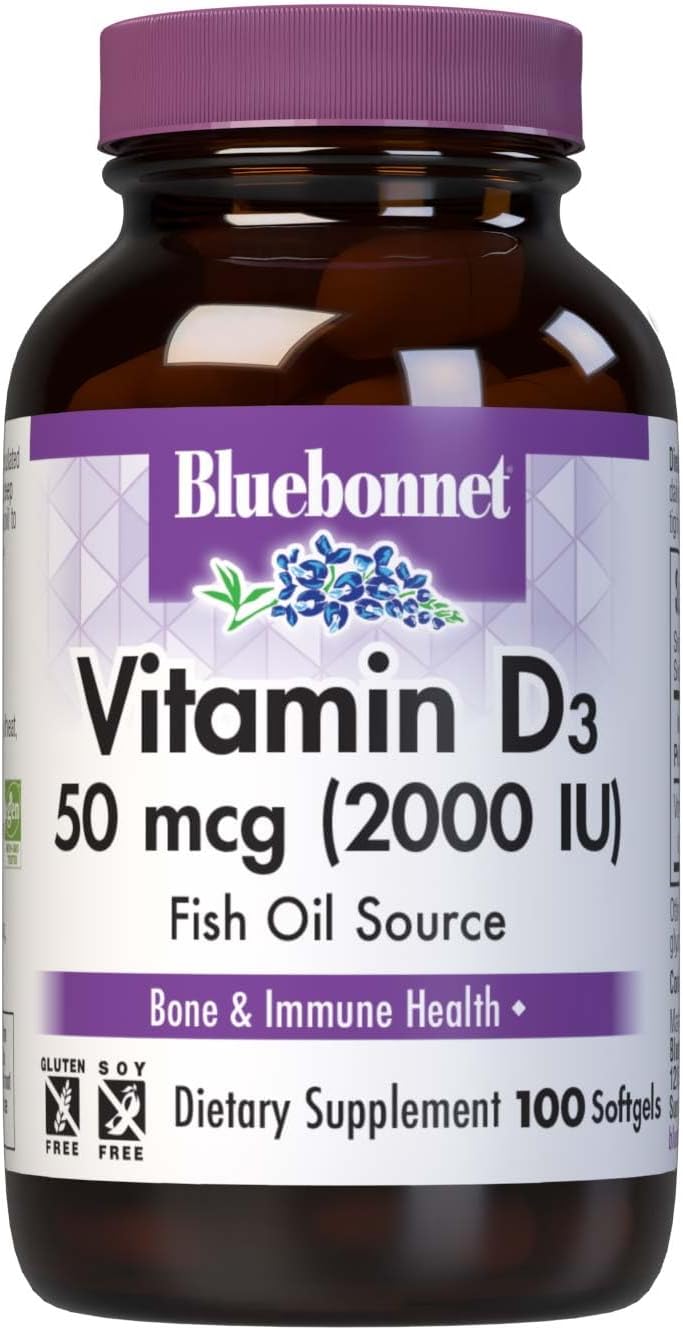 BlueBonnet Nutrition Vitamin D3 2000 IU, 100 Softgels | Strong Bones & Immune Support; Non-GMO