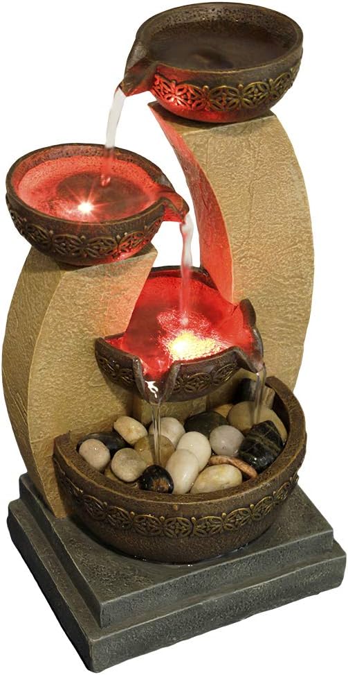 11" H Golden Tiered Bowl Fountain with Color Changing LED Lights with Adapter Brown