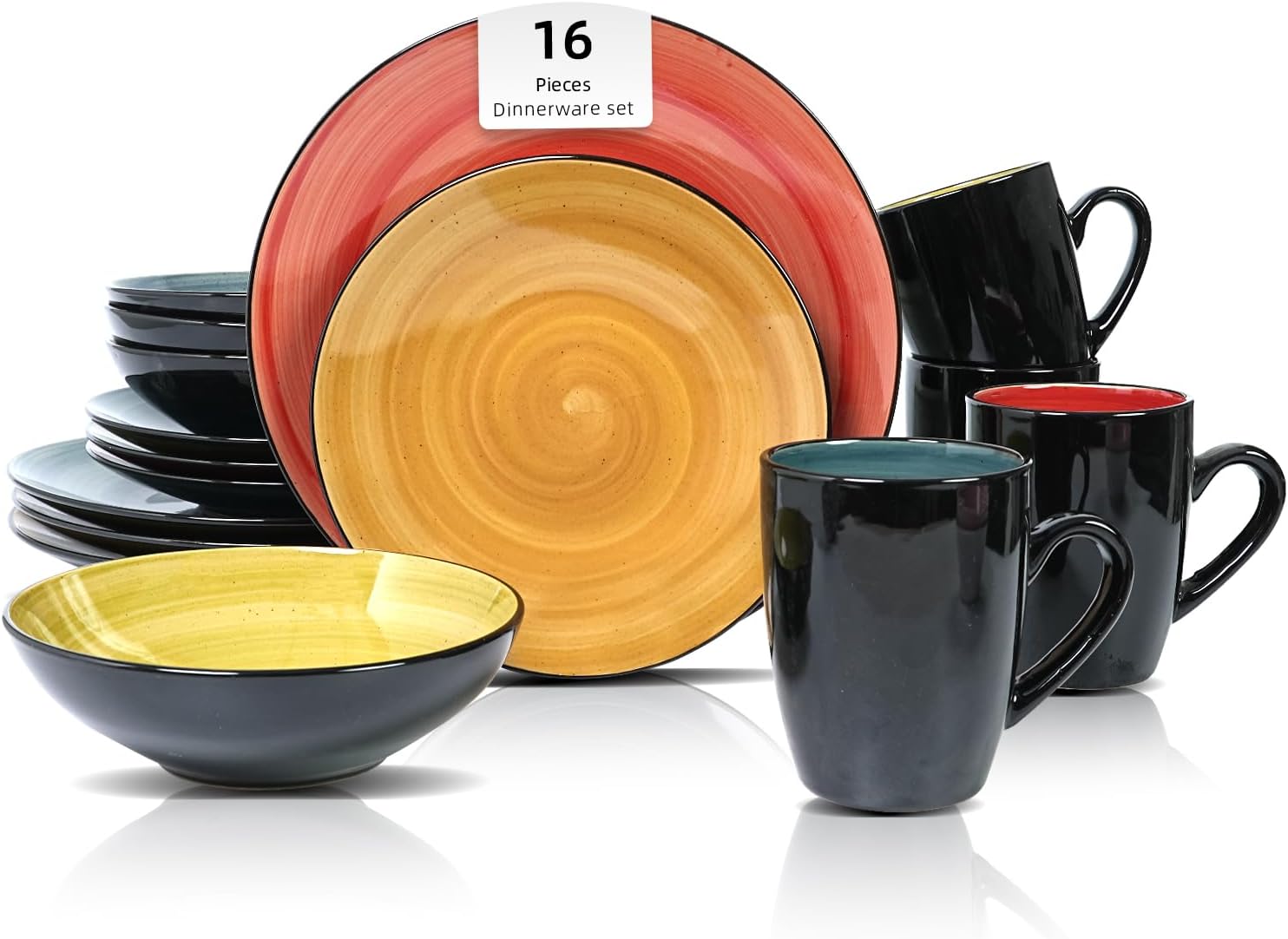 HomeVss, Sonoma Stoneware Dinnerware Set, Outside Black + Inside Hand Painting Color (16pc Set, Grey)