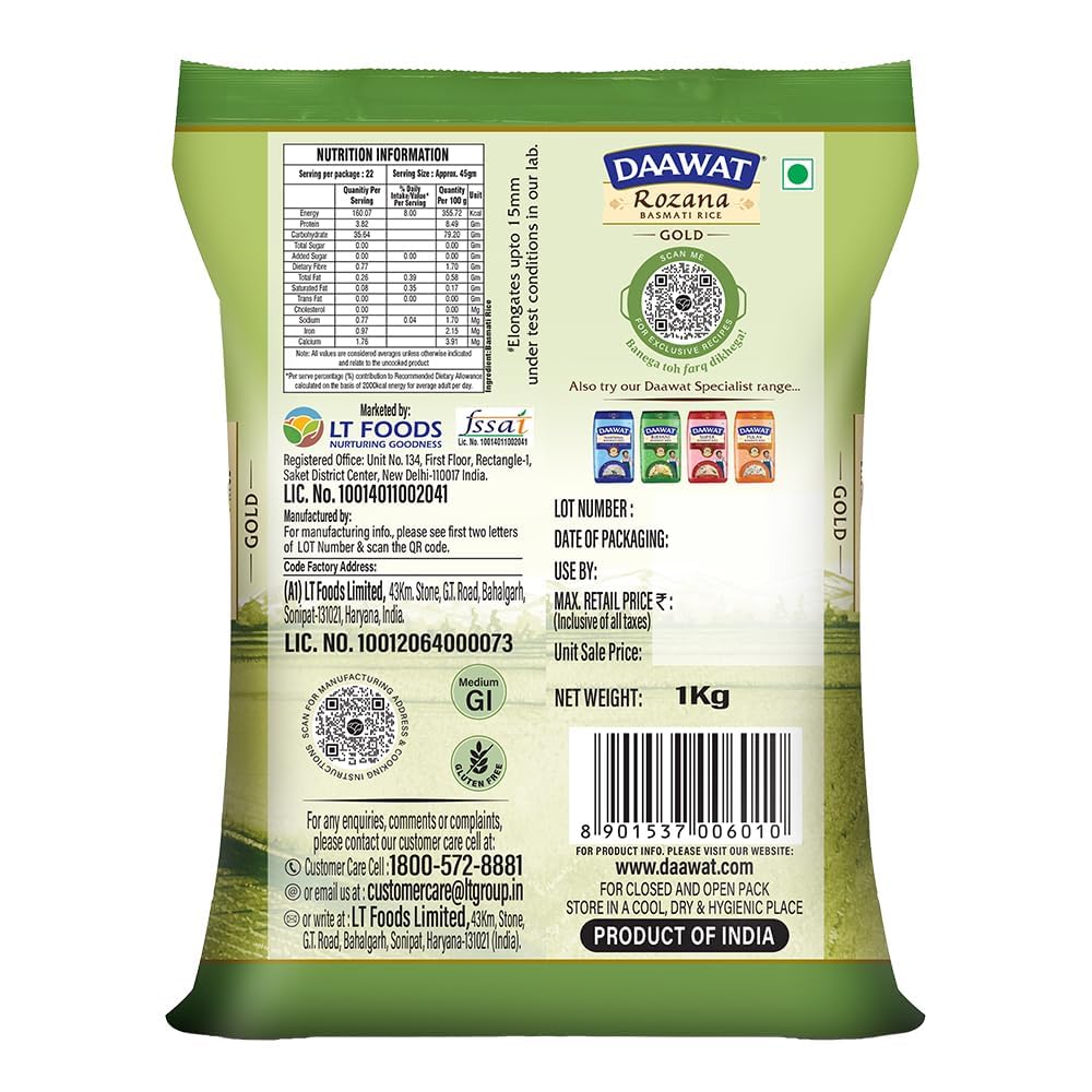 Daawat Rozana Gold Basmati Rice | Naturally Aged Long-Grain Rice | Fluffy & Non-Sticky | Ideal for Everyday Meals, 1 kg (2.2 lb)