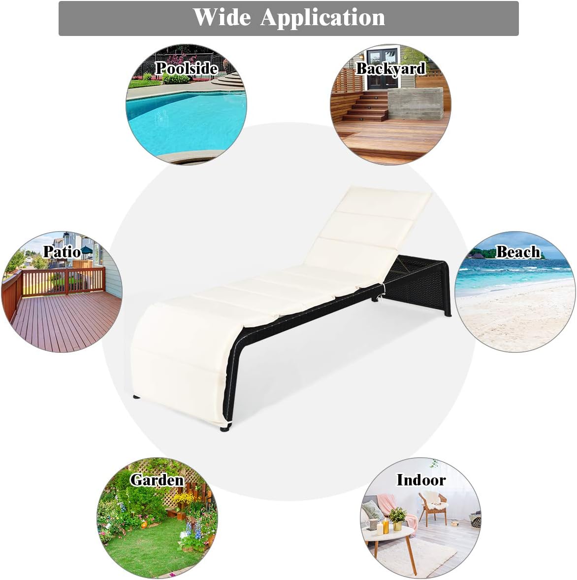 Tangkula Outdoor Chaise Lounge Chair, 5-Position Adjustable Rattan Recliner Chair w/Cushioned Seating and Adjustable Feet