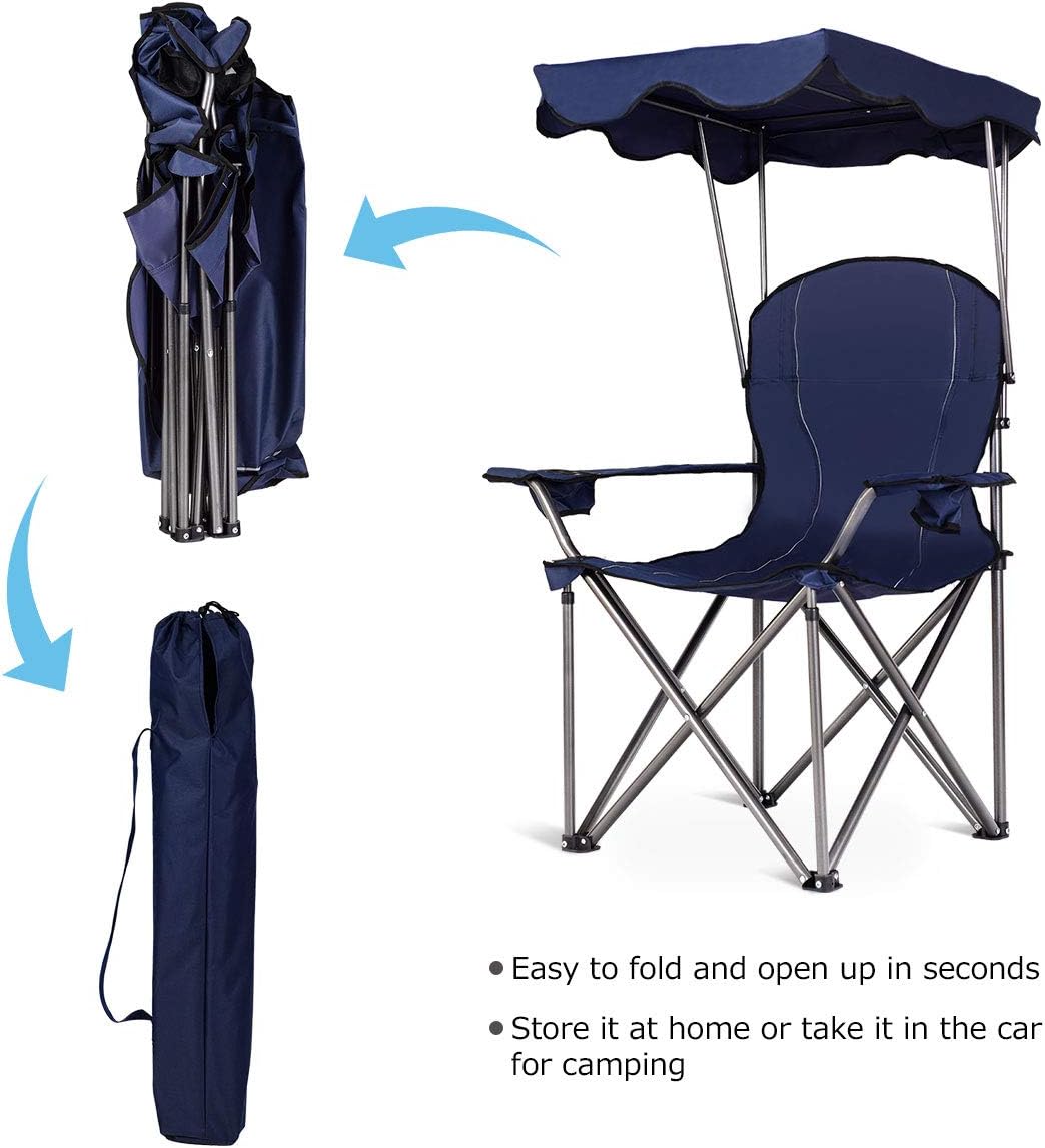 Goplus Camping Chair with Canopy Shade, Folding Lawn Chair with Umbrella Cup Holder & Carry Bag, Portable Sunshade Chair for Adults for Beach Outdoor Travel Hiking Fishing (Red)