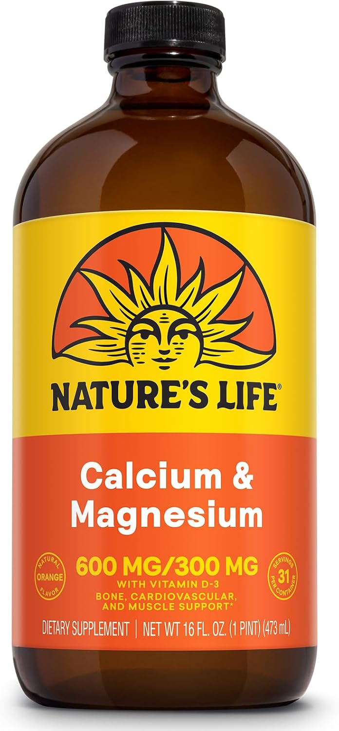 NATURE'S LIFE Liquid Calcium Magnesium Supplement with Vitamin D 3 - Bone Health, Muscle, Heart Health and Immune Support - Natural Orange Flavor