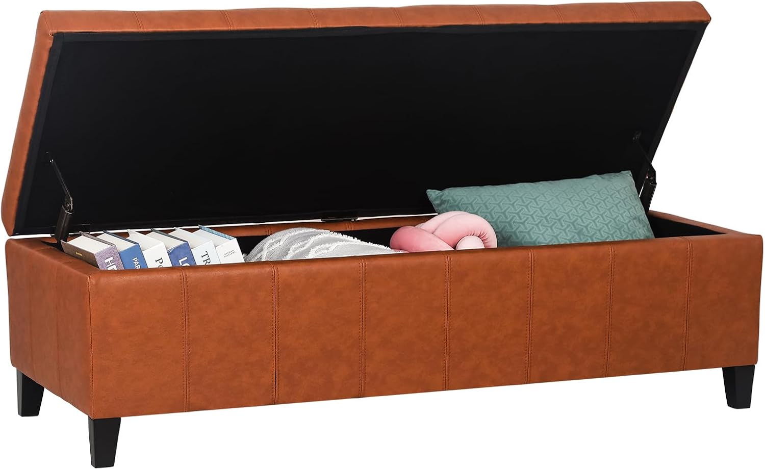 51 Inch Storage Bench,Leather Tufted Storage Ottoman with Legs | Safety Hinges,Wooden Legs,Upholstered,End of Bed,Bedroom,Living Room,Entryway,330LBS,Brown
