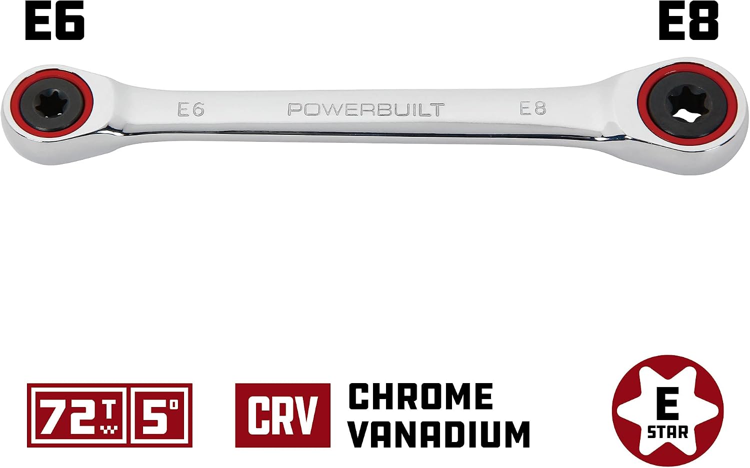 Powerbuilt E10/E12 Ratcheting Double Box-End E-Torx E-Star Wrench, 72-Tooth Ratcheting Wrench with 5-Degree Swing for Tight Spaces - 641760