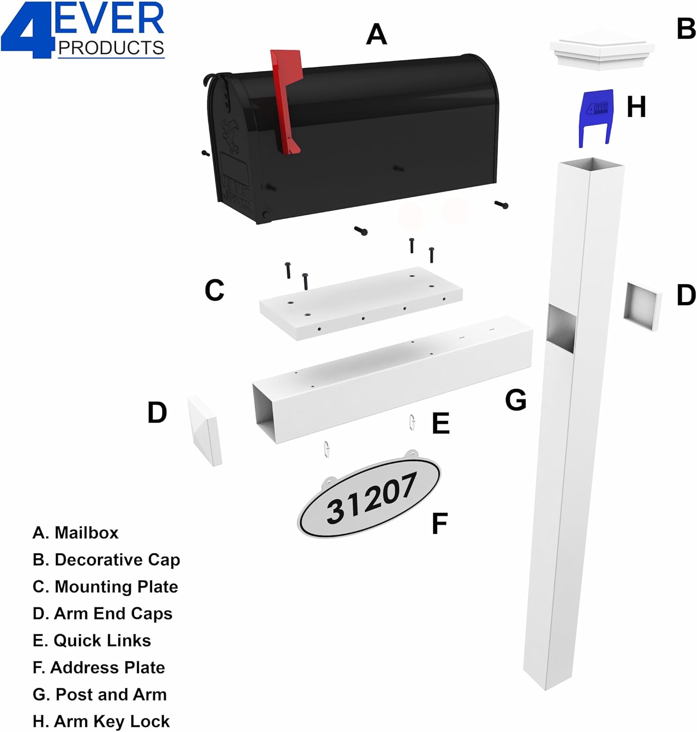 4Ever Products Loudon White Vinyl Mailbox Post System & Black Mailbox | Complete curbside combo kit features a durable metal mailbox and a custom