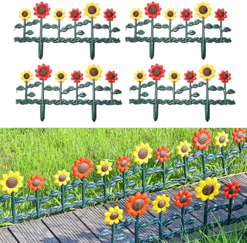 Sungmor Plastic Garden Picket Fence Edging, Sunflower Decor Lawn Flower Bed Border Panels, 4 Pack Total 98 Inches Length