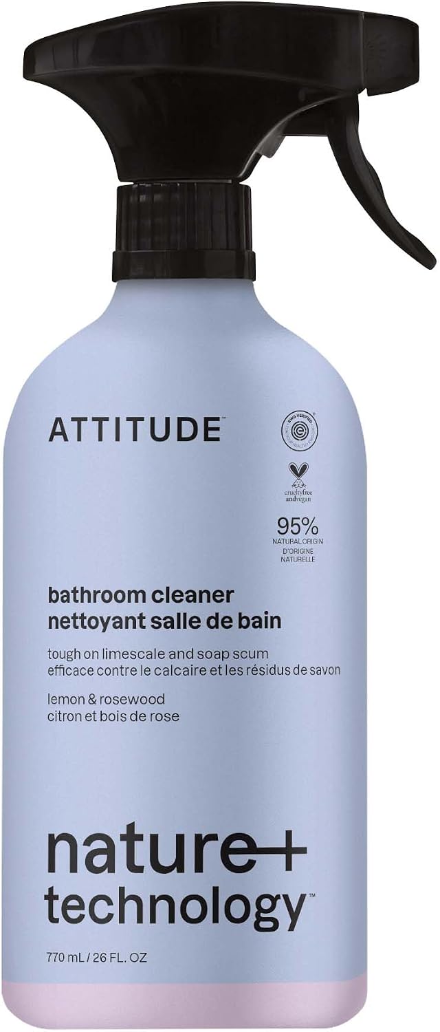 ATTITUDE Bathroom Cleaner Spray, EWG Verified, Plant-Based & Vegan, Safe for Bathroom Surfaces, Tiles, Tubs, Shower Walls, and Grout, Citrus Zest Scent, 27.1 Fl Oz