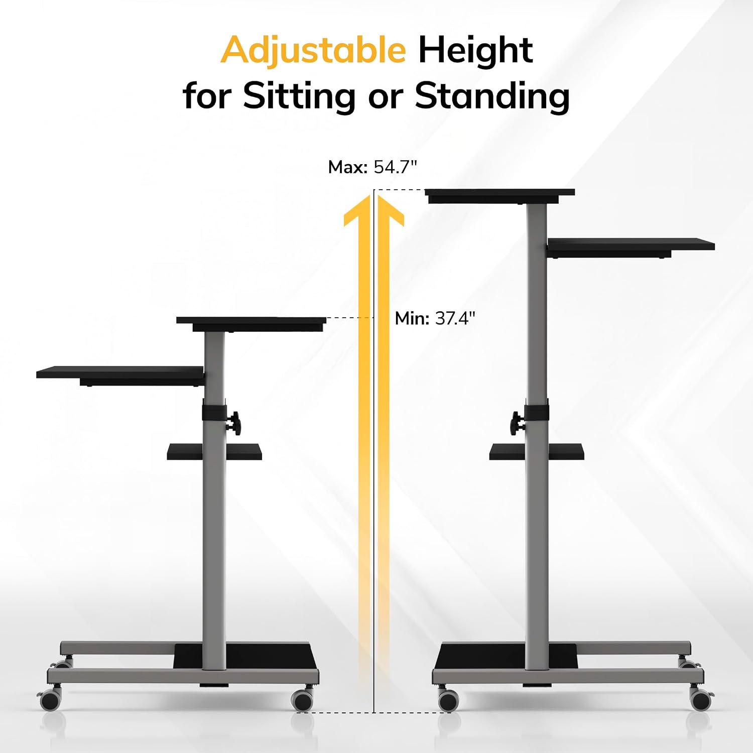 Mount-It! Black Rolling Standing Desk, Adjustable Height up to 54.7", Portable Laptop Podium Desk on Wheels, Mobile Computer Workstation with 4 Shelves 27.5" Wide, Cart for Home Office or Classroom