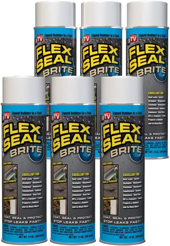 Flex Seal, 14 oz, 6-Pack, Brite, Stop Leaks Instantly, Waterproof Rubber Spray On Sealant Coating, Perfect for Gutters, Wood, RV, Campers, Roof Repair