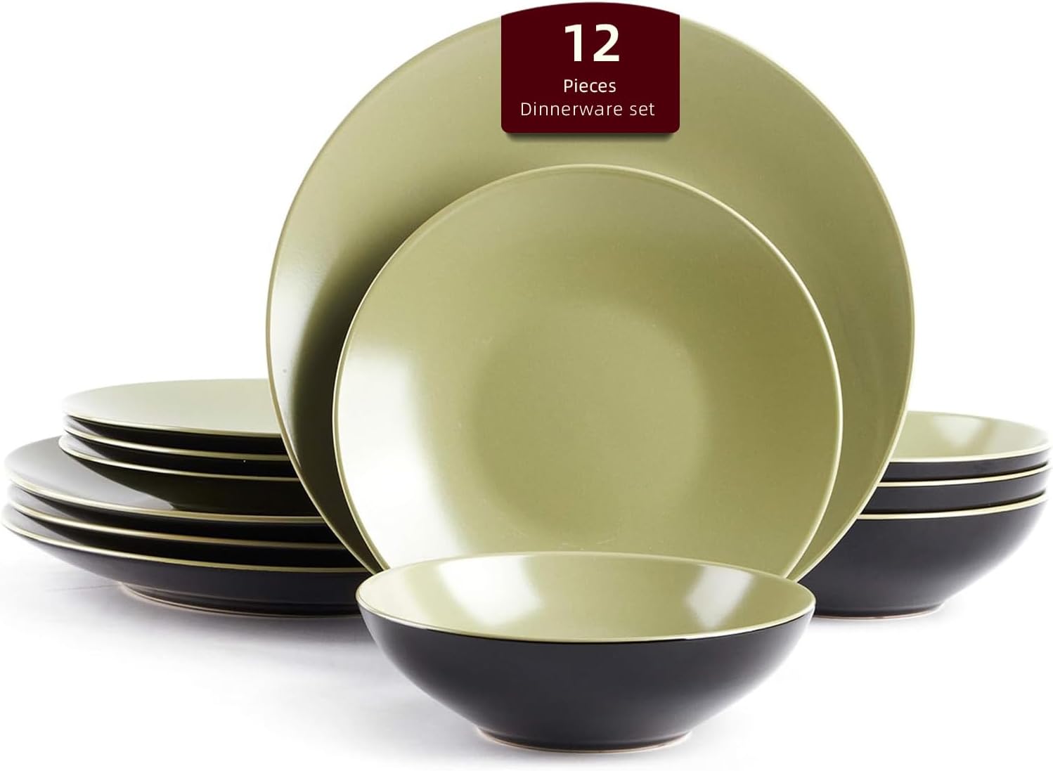 Stoneware Two-Tone Colors Life 16pc Dinner Set，Outside Shiny Black + Inside Matte Glaze Olive